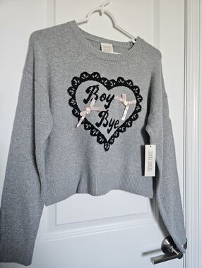 NWT Derek Heart Grey 'Boy Bye' Heart Sweater with Pink Bows Sz M